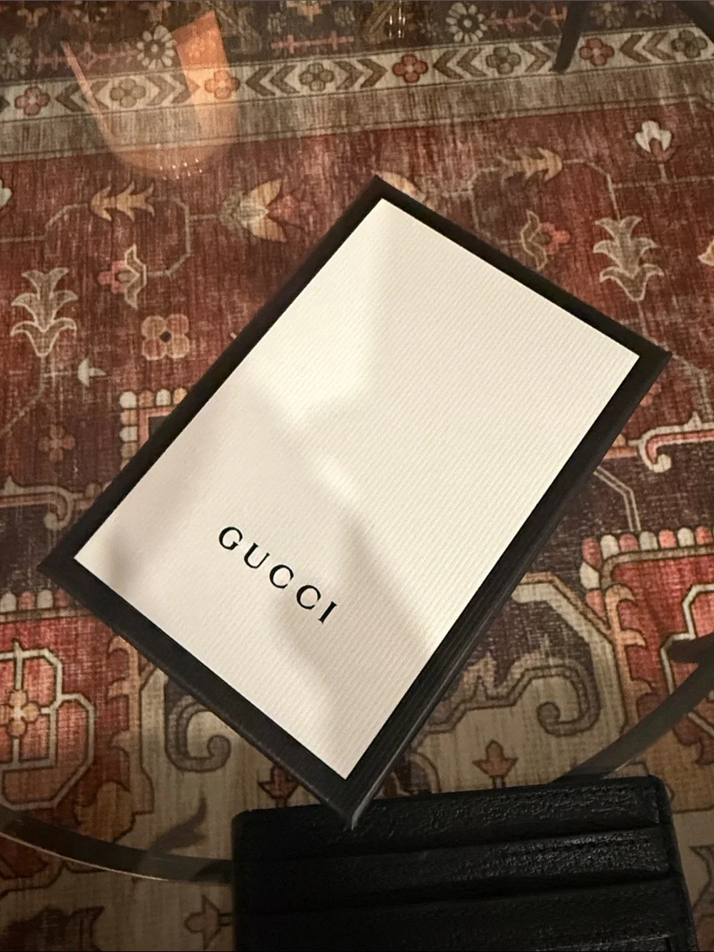 Gucci Black Leather Card Holder with Green-Red Web and Gold GG Logo